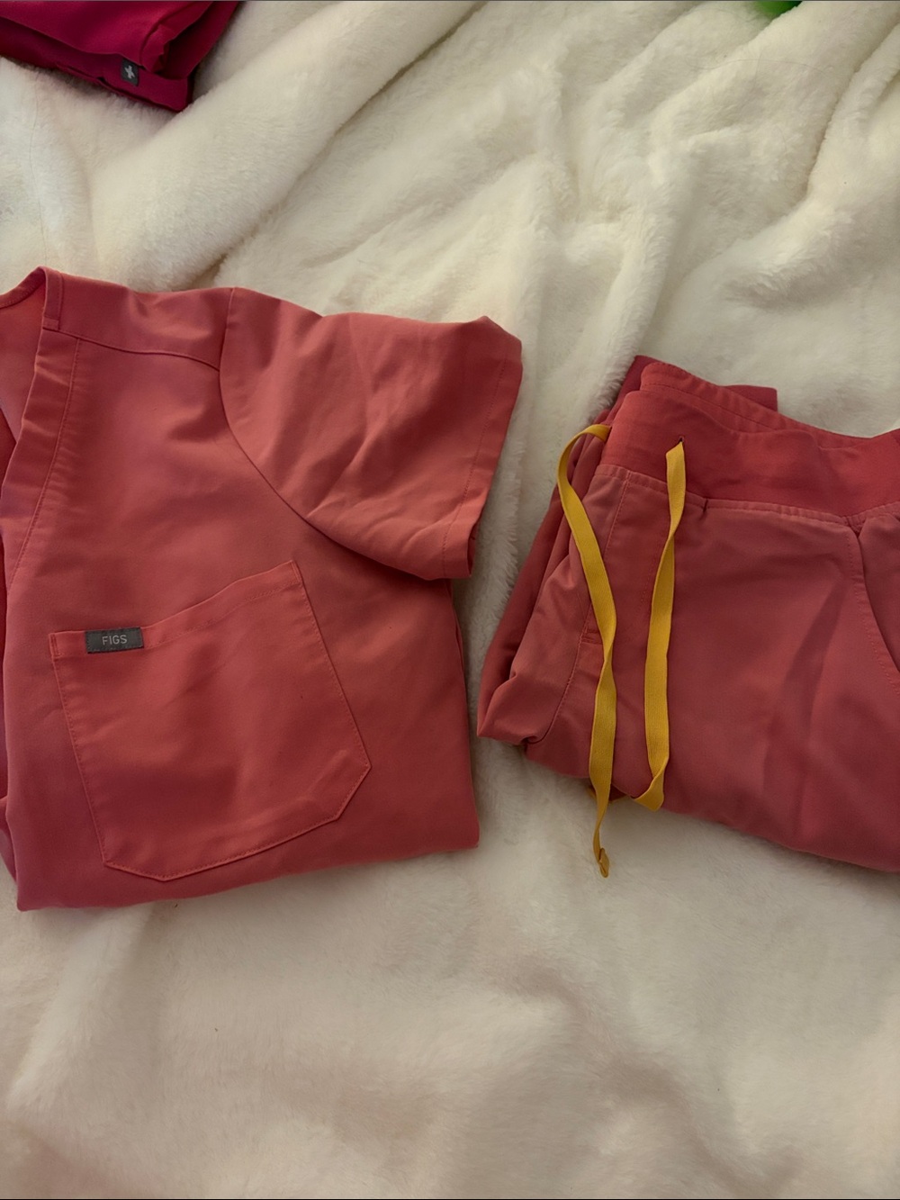 Figs Women’s Coral Pink Scrub Joggers with Yellow Drawstring